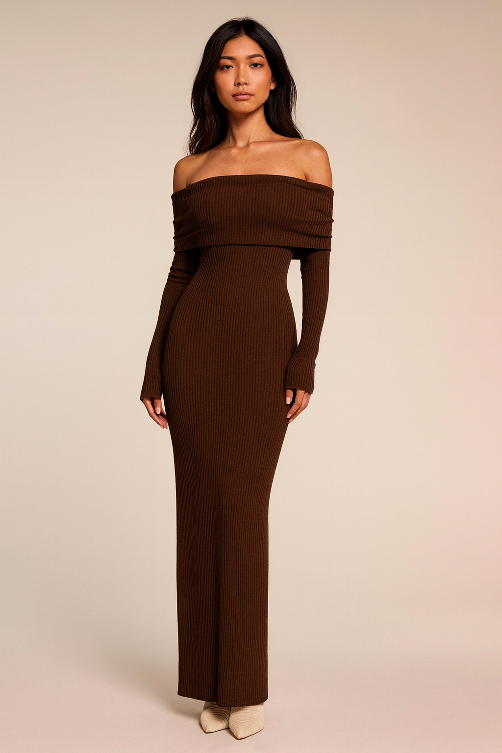 Midnight Allure Brown Off-Shoulder Ribbed Maxi Dress | Women's Brown Maxi Dress | Starlin Cavalin