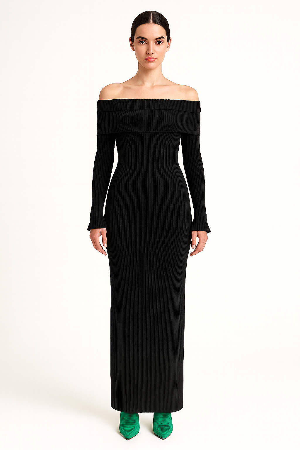 Midnight Allure Off-Shoulder Ribbed Maxi Dress | Women's Black Maxi Dress | Starlin Cavalin
