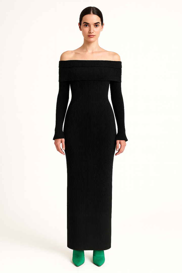 Midnight Allure Off-Shoulder Ribbed Maxi Dress | Women's Black Maxi Dress | Starlin Cavalin
