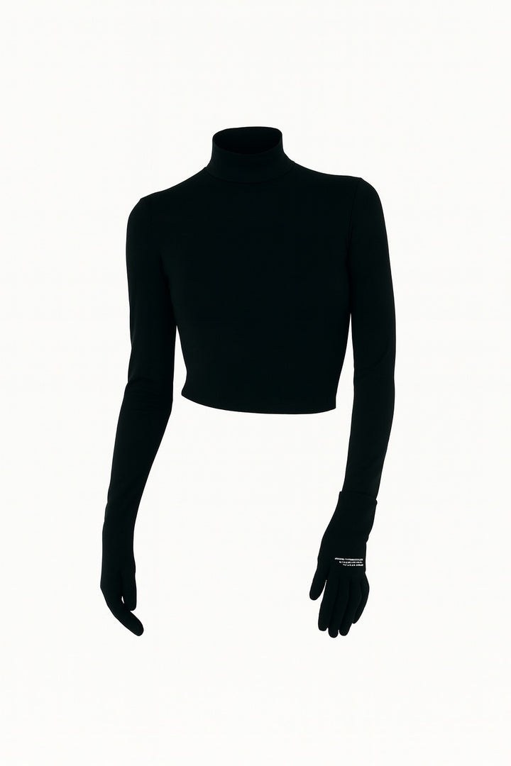 Midnight Glove Turtleneck Black Front View | Black Fitted Turtleneck with Integrated Gloves | Starlin Cavalin