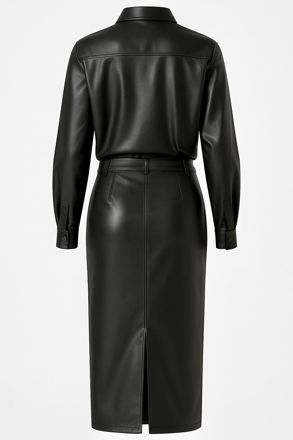Noir Vision Set | Women’s Black Vegan Leather Two-Piece with Shirt and High-Waist Midi Skirt | Starlin Cavalin
