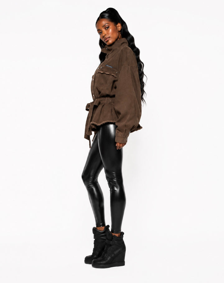 Starlin Cavalin Mocha Oversized Denim Jacket Side View | Brown Denim Jacket | Belted | Oversized Fit