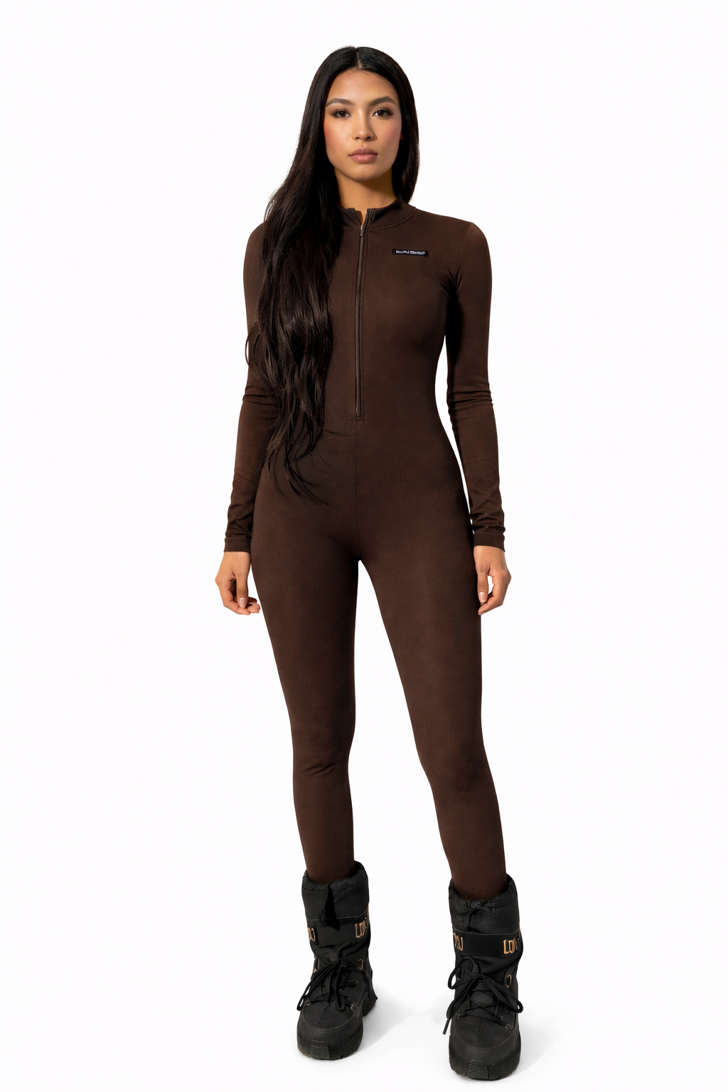 Starlin Cavalin Sculpt Zip Jumpsuit Front View Brown | Sculpting Nylon Jumpsuit with Fleece Lining | Starlin Cavalin