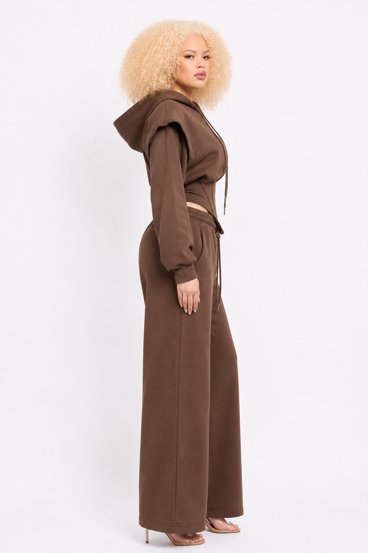 Starlin Cavalin Brown Corset Hoodie Set Side View | Two Piece Set | Wide Leg Trousers | Brown