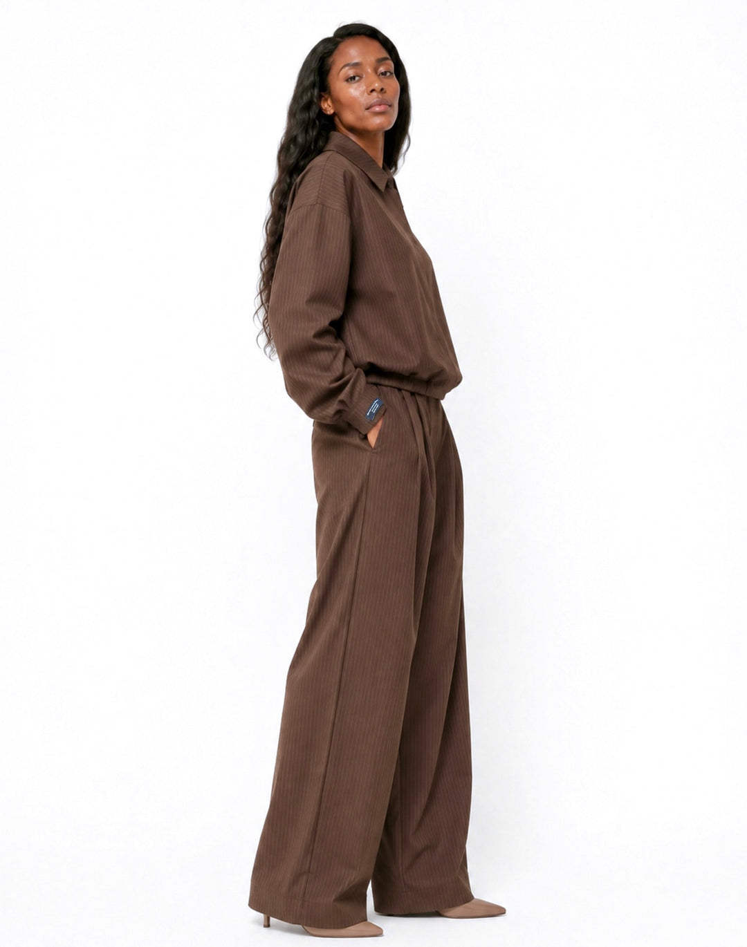Starlin Cavalin Mocha Pinstripe Set Brown Side View | Oversized Two Piece Set | Wide Leg Trousers