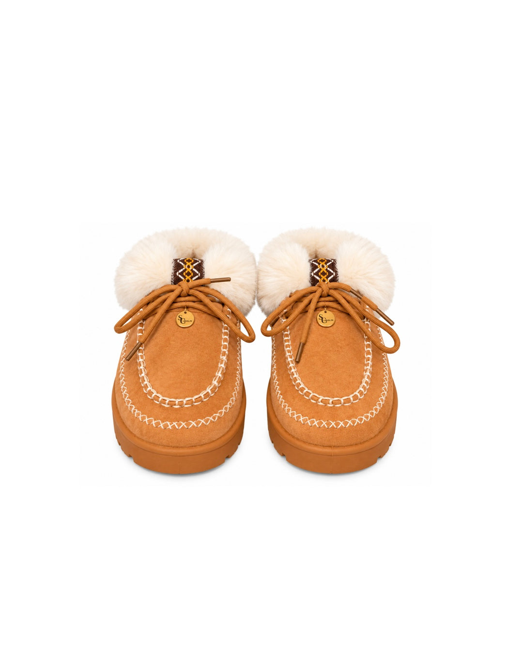 Starlin Cavalin Cozy Luxe Moccasin in camel with cream faux-fur trim, contrast stitching and gold-tone logo detail.