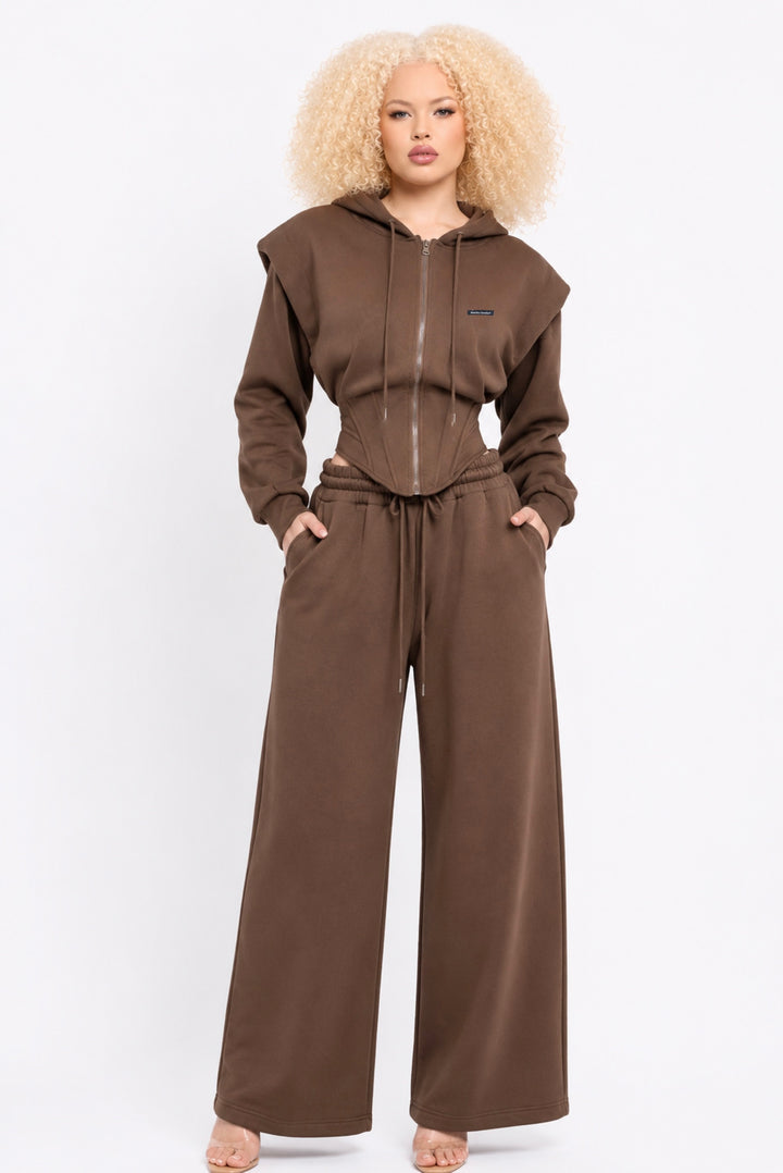 Starlin Cavalin Brown Corset Hoodie Set | Two Piece Set | Wide Leg Trousers | Brown