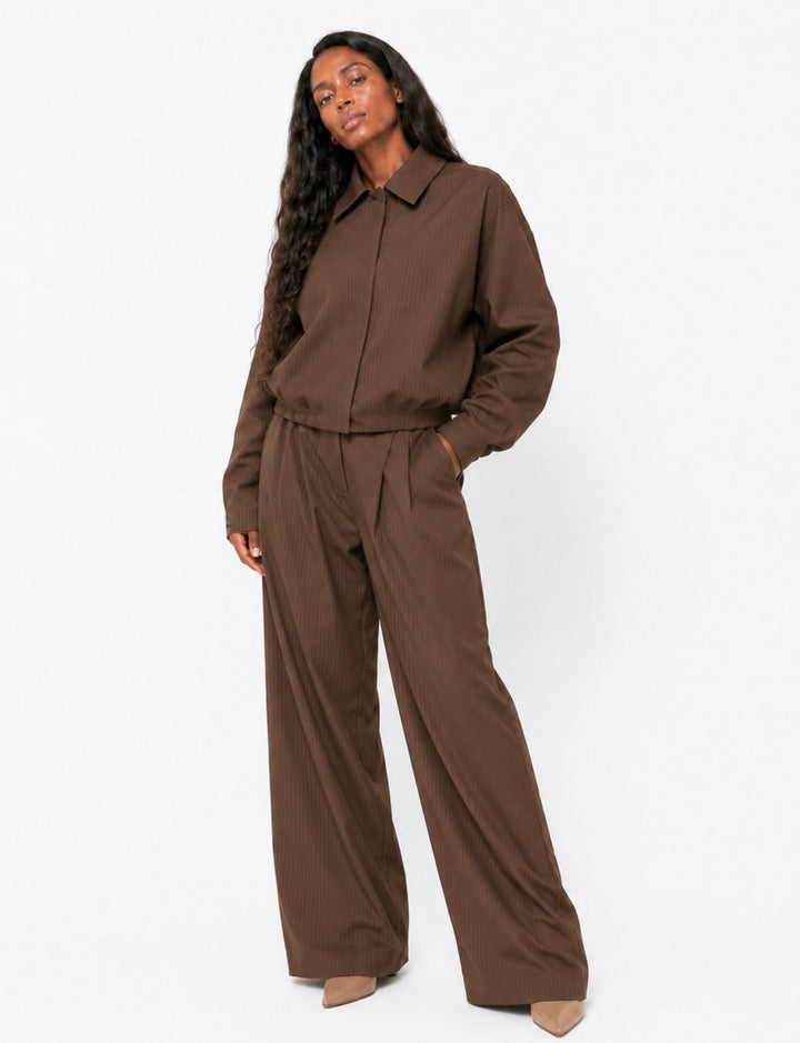 Starlin Cavalin Mocha Pinstripe Set Brown Front View | Brown Pinstripe Set | Oversized Tailoring | Wide Leg Trousers