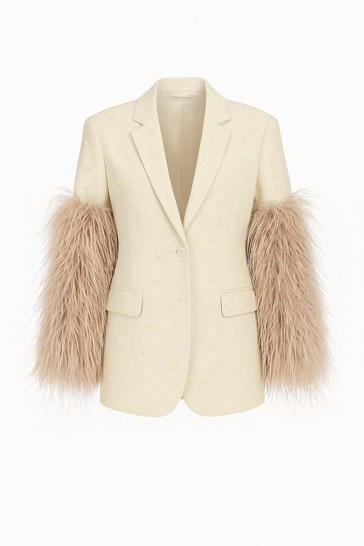 Eternal Elegance Ivory Suit | Women’s Ivory Suit with Pearl Details & Faux Fur Trims | Starlin Cavalin