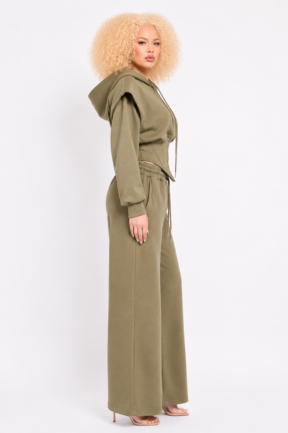 Starlin Cavalin Olive Corset Hoodie Set Side View | Two Piece Set | Wide Leg Trousers | Olive