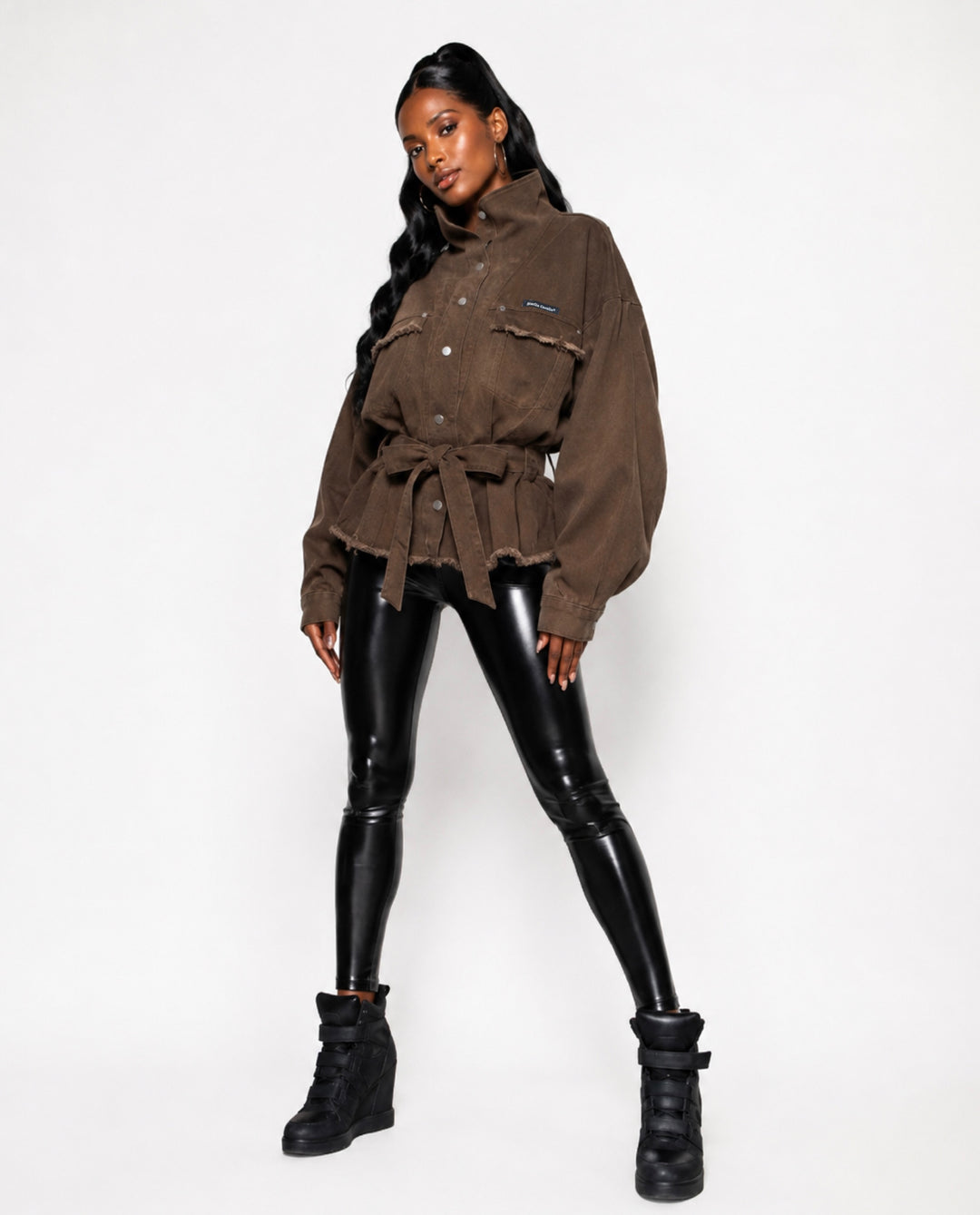 Starlin Cavalin Mocha Oversized Denim Jacket | Brown Denim Jacket | Belted | Oversized Fit