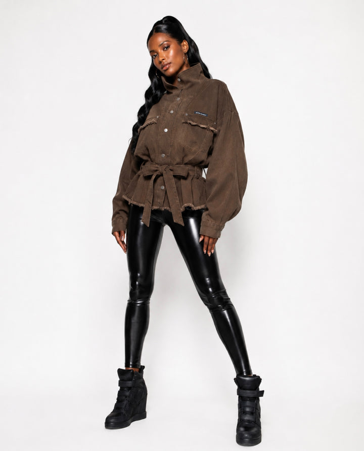 Starlin Cavalin Mocha Oversized Denim Jacket | Brown Denim Jacket | Belted | Oversized Fit