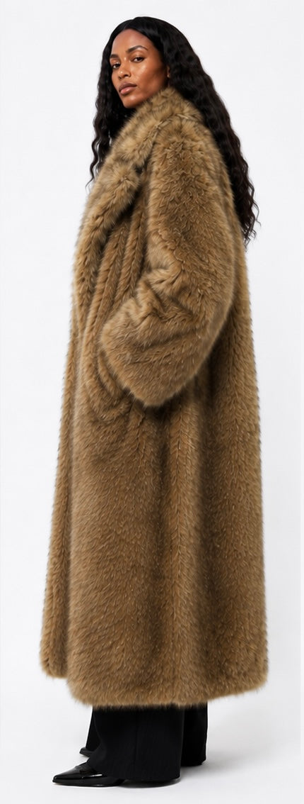 Starlin Cavalin Amara Faux Fur Coat Brown Back Detail | Long Faux Fur Coat | Brown
