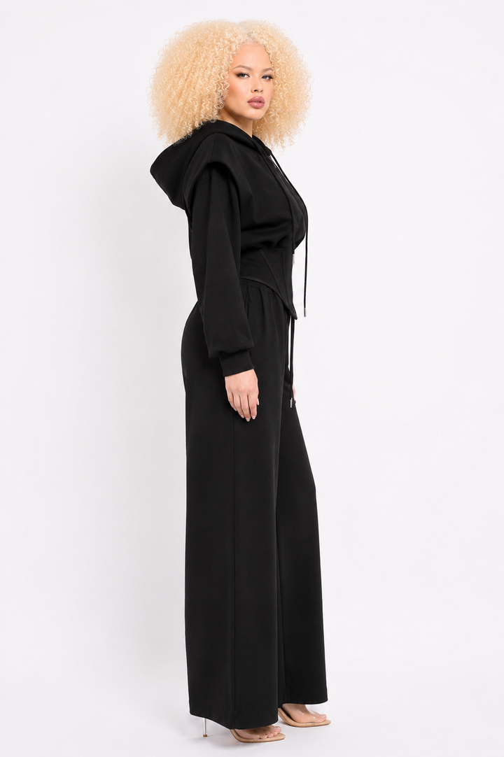 Starlin Cavalin Black Corset Hoodie Set Side View | Two Piece Set | Wide Leg Trousers | Black