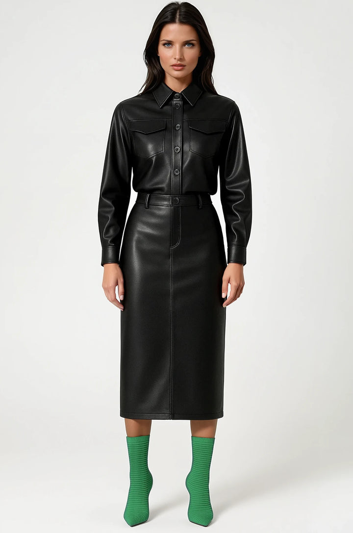 Noir Vision Set | Women’s Black Vegan Leather Two-Piece with Shirt and High-Waist Midi Skirt | Starlin Cavalin