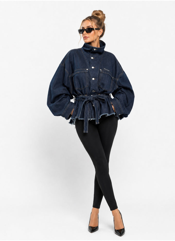 Starlin Cavalin Indigo Oversized Denim Jacket | Dark Blue Denim Jacket | Belted | Oversized Fit