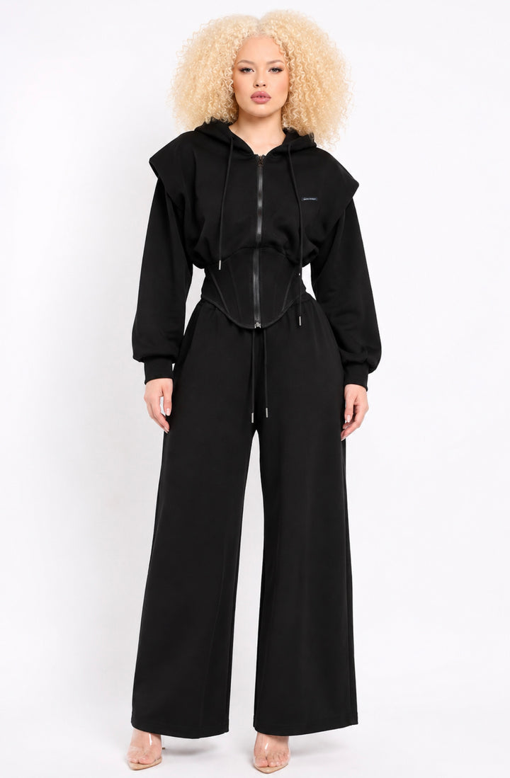 Starlin Cavalin Black Corset Hoodie Set | Two Piece Set | Wide Leg Trousers | Black