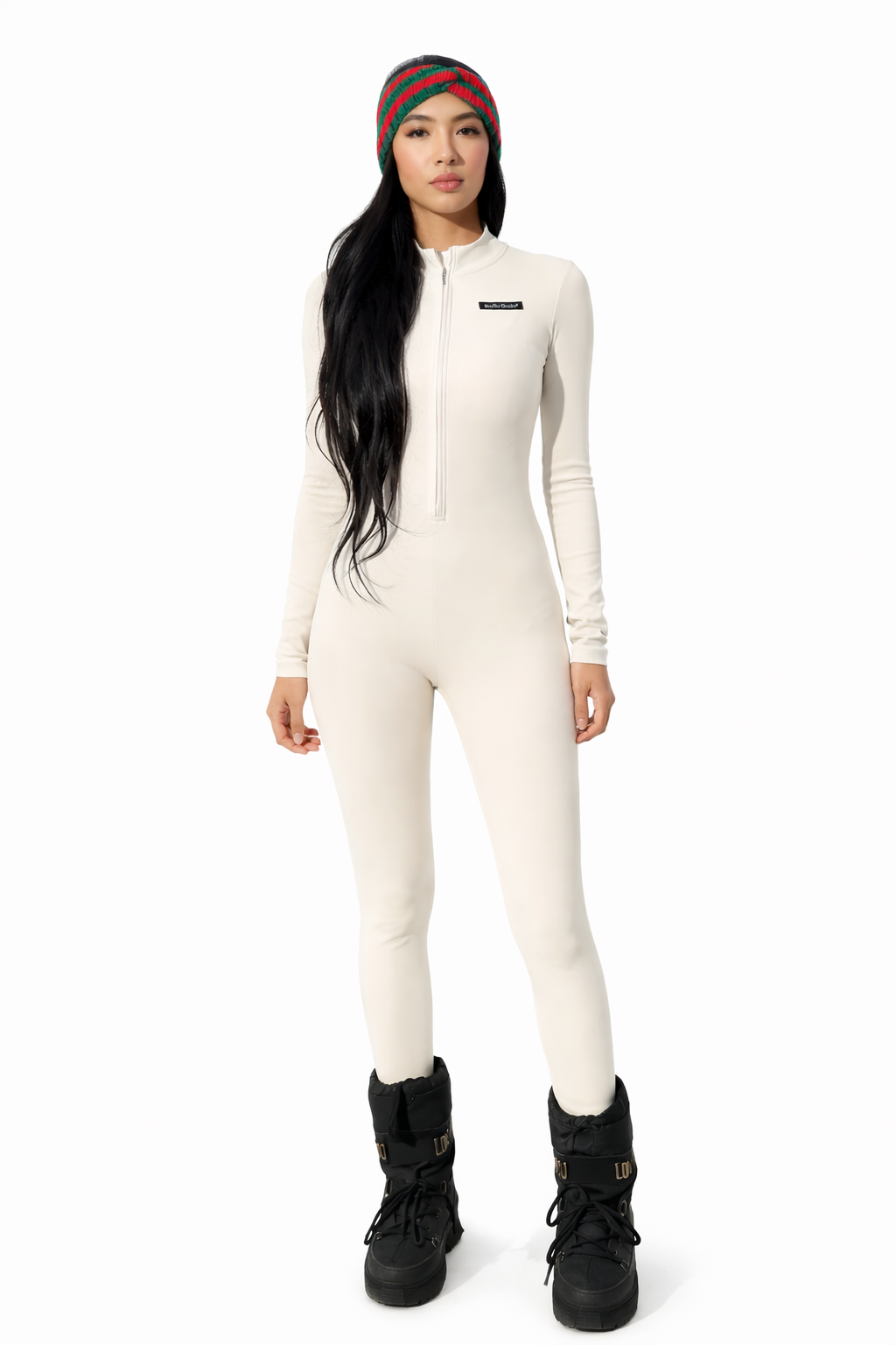 Starlin Cavalin Sculpt Zip Jumpsuit Front View Cream| Sculpting Nylon Jumpsuit with Fleece Lining | Starlin Cavalin