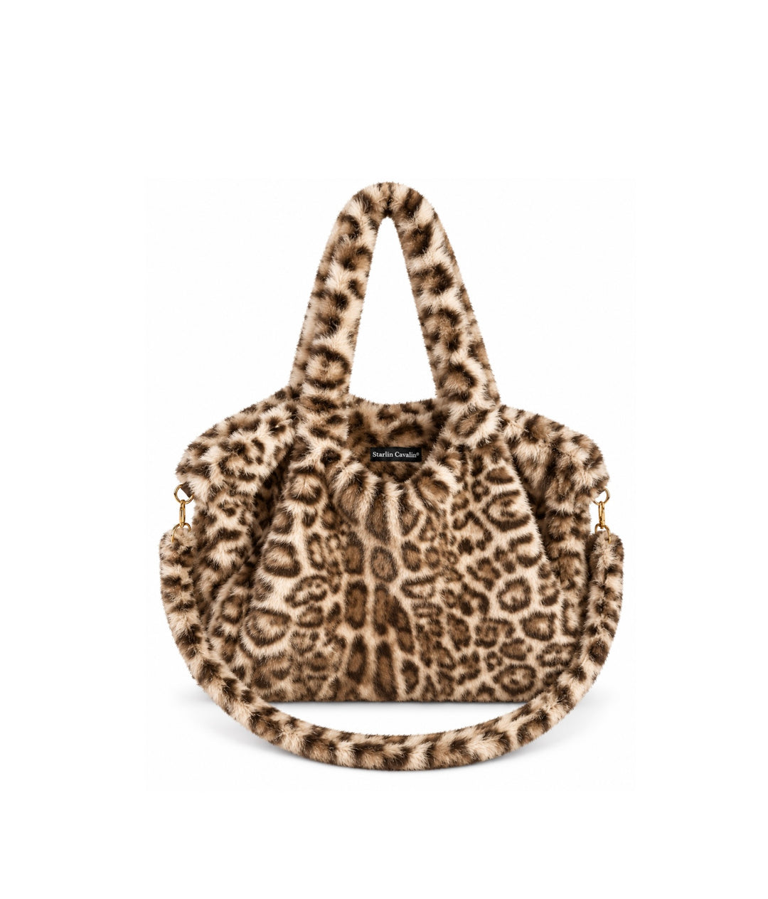 Starlin Cavalin Leopard Muse Bag in soft faux fur with detachable shoulder strap and gold-tone hardware