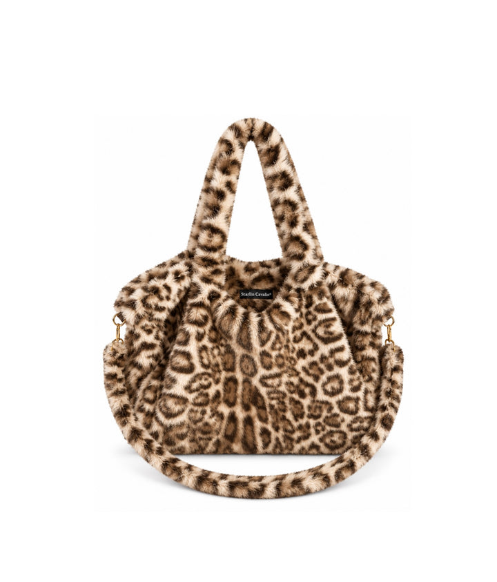 Starlin Cavalin Leopard Muse Bag in soft faux fur with detachable shoulder strap and gold-tone hardware