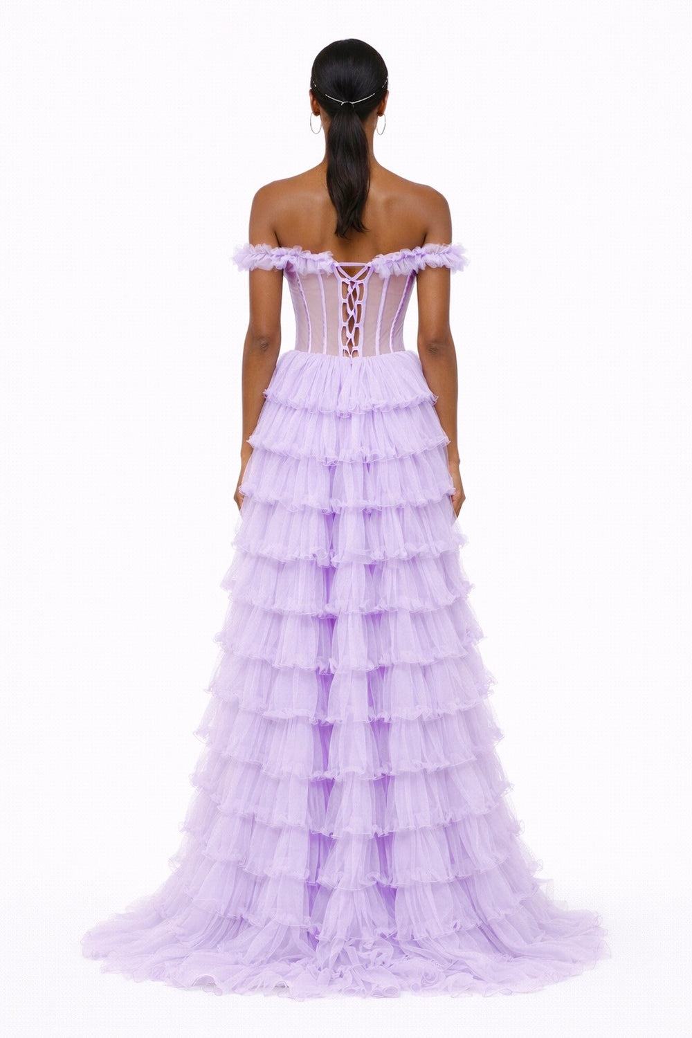 Starlin Cavalin Muse Gown Lilac | Open Back | Off Shoulder | Flowing Tulle Layers