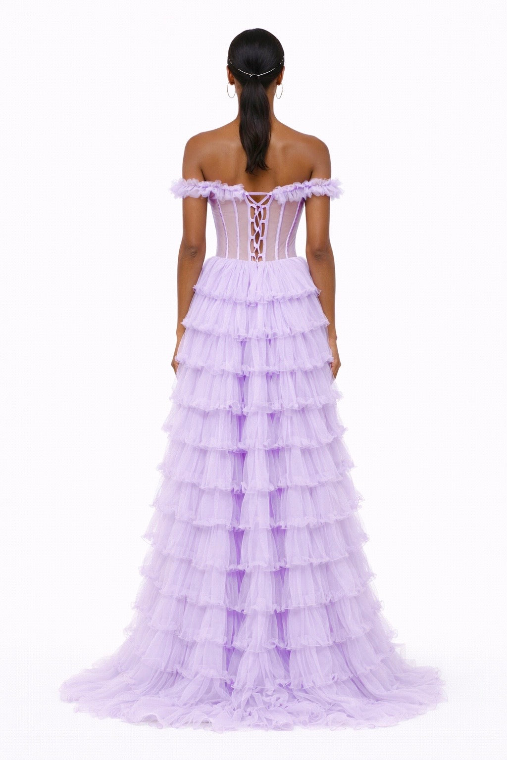 Starlin Cavalin Muse Gown Lilac | Open Back | Off Shoulder | Flowing Tulle Layers