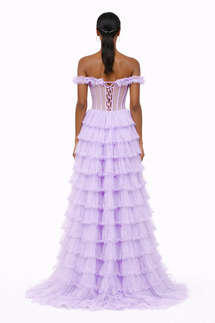 Starlin Cavalin Muse Gown Lilac | Open Back | Off Shoulder | Flowing Tulle Layers