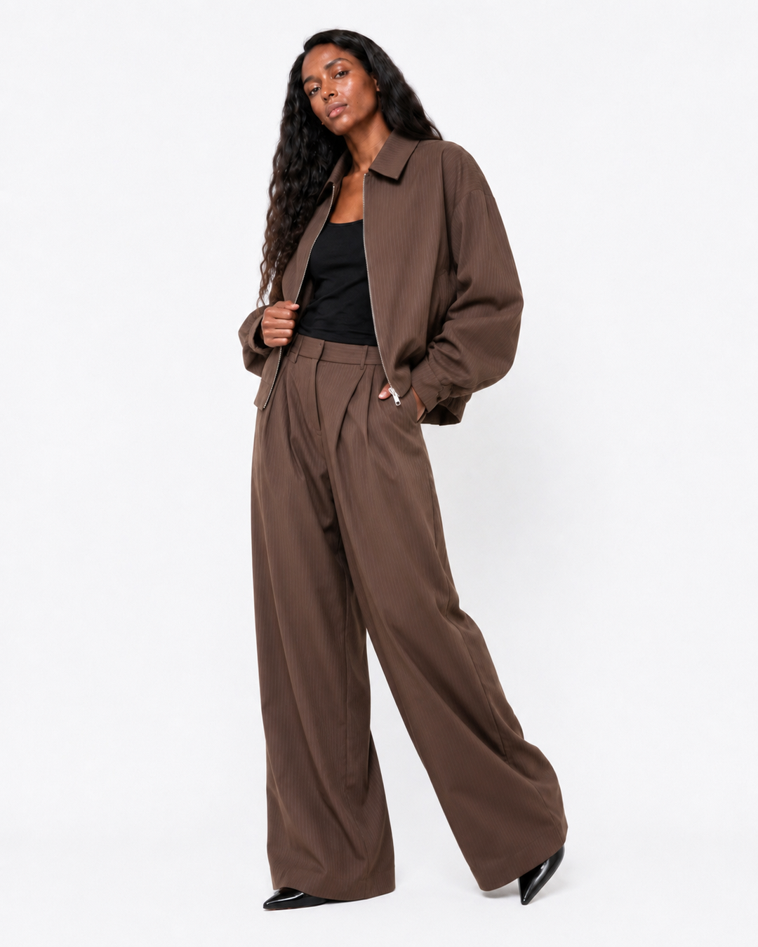 Starlin Cavalin Mocha Pinstripe Set Brown | Pinstripe Two Piece Set | Oversized Fit | Wide Leg Trousers