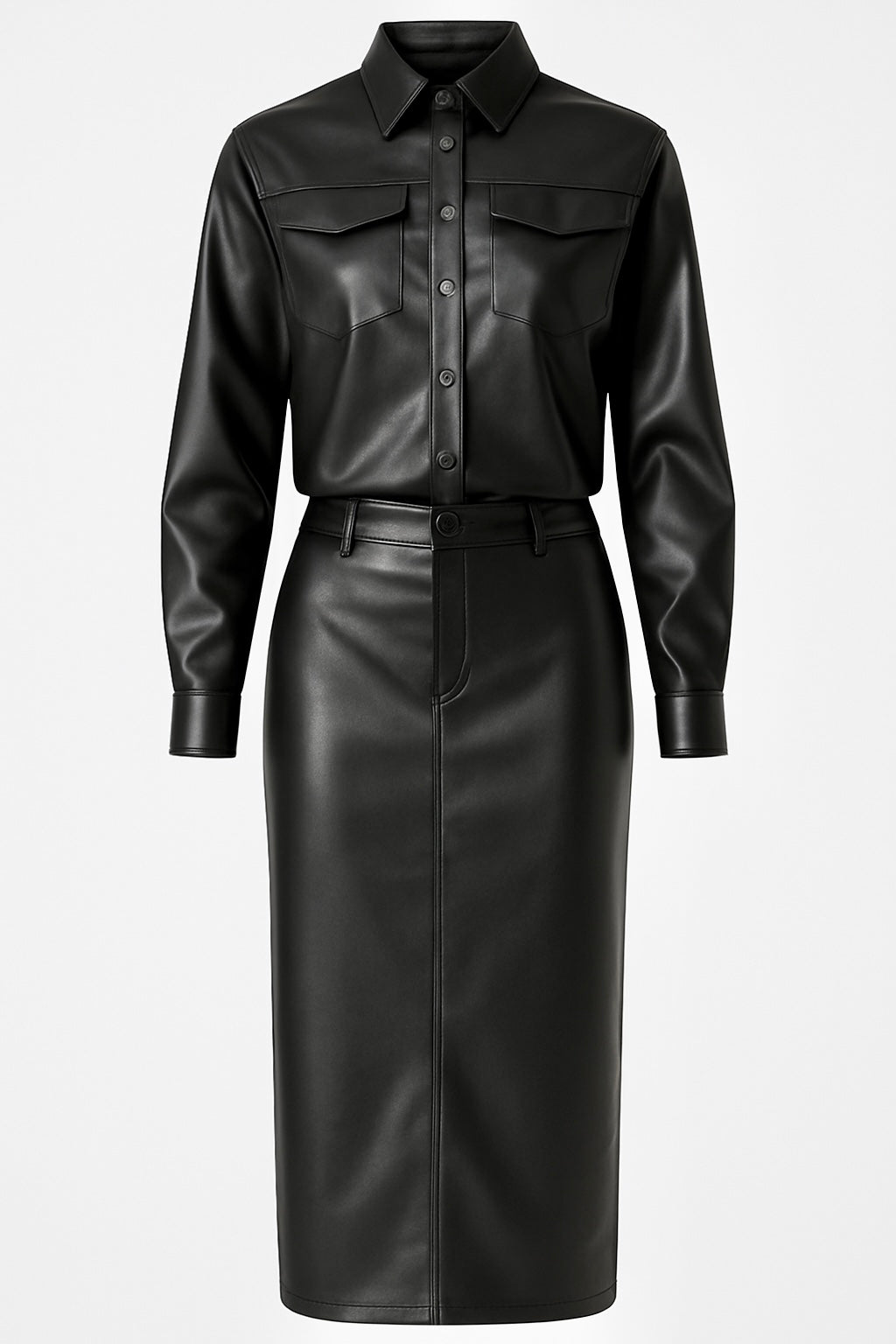 Noir Vision Set | Women’s Black Vegan Leather Two-Piece with Shirt and High-Waist Midi Skirt | Starlin Cavalin