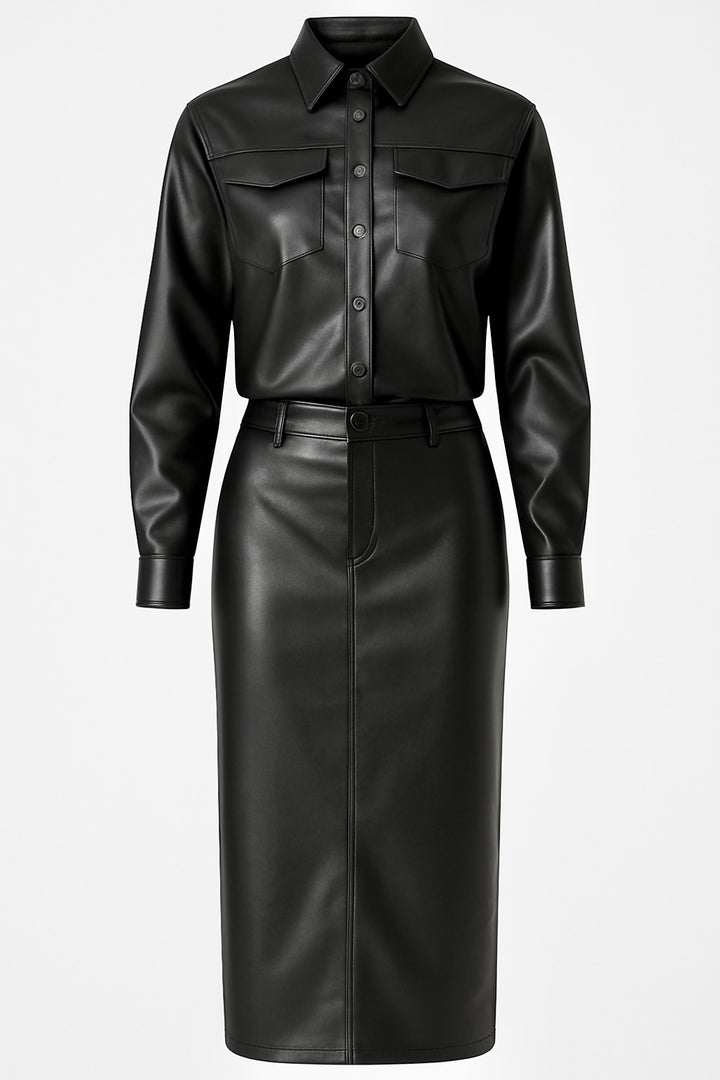 Noir Vision Set | Women’s Black Vegan Leather Two-Piece with Shirt and High-Waist Midi Skirt | Starlin Cavalin