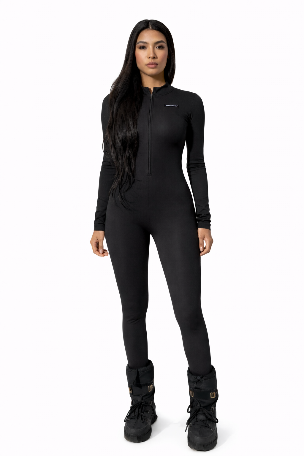 Starlin Cavalin Sculpt Zip Jumpsuit Front View Black | Sculpting Nylon Jumpsuit with Fleece Lining | Starlin Cavalin