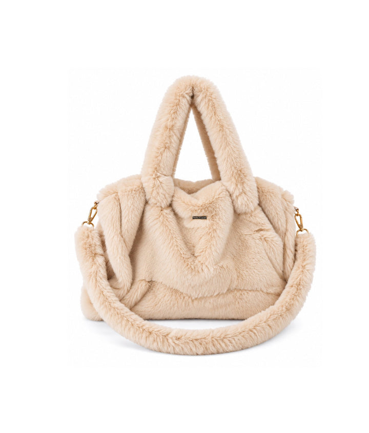 Starlin Cavalin Cozy Muse Bag – Cream in soft faux fur with detachable shoulder strap and gold-tone hardware