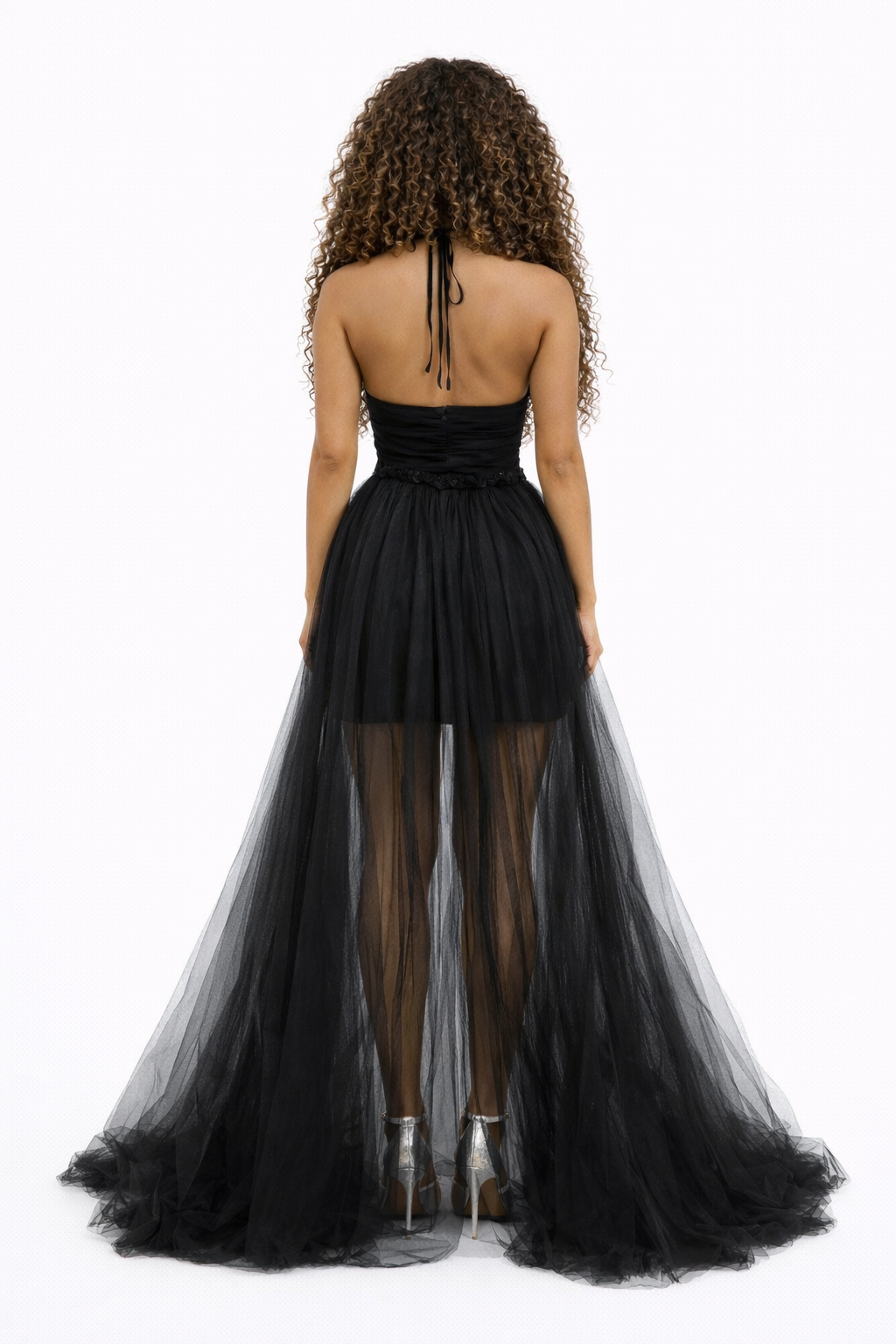 Starlin Cavalin Blush Muse Dress Black | Open Back | Halter Tie | Flowing Tulle Train