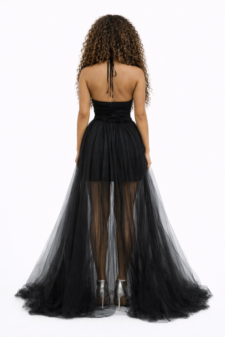 Starlin Cavalin Blush Muse Dress Black | Open Back | Halter Tie | Flowing Tulle Train