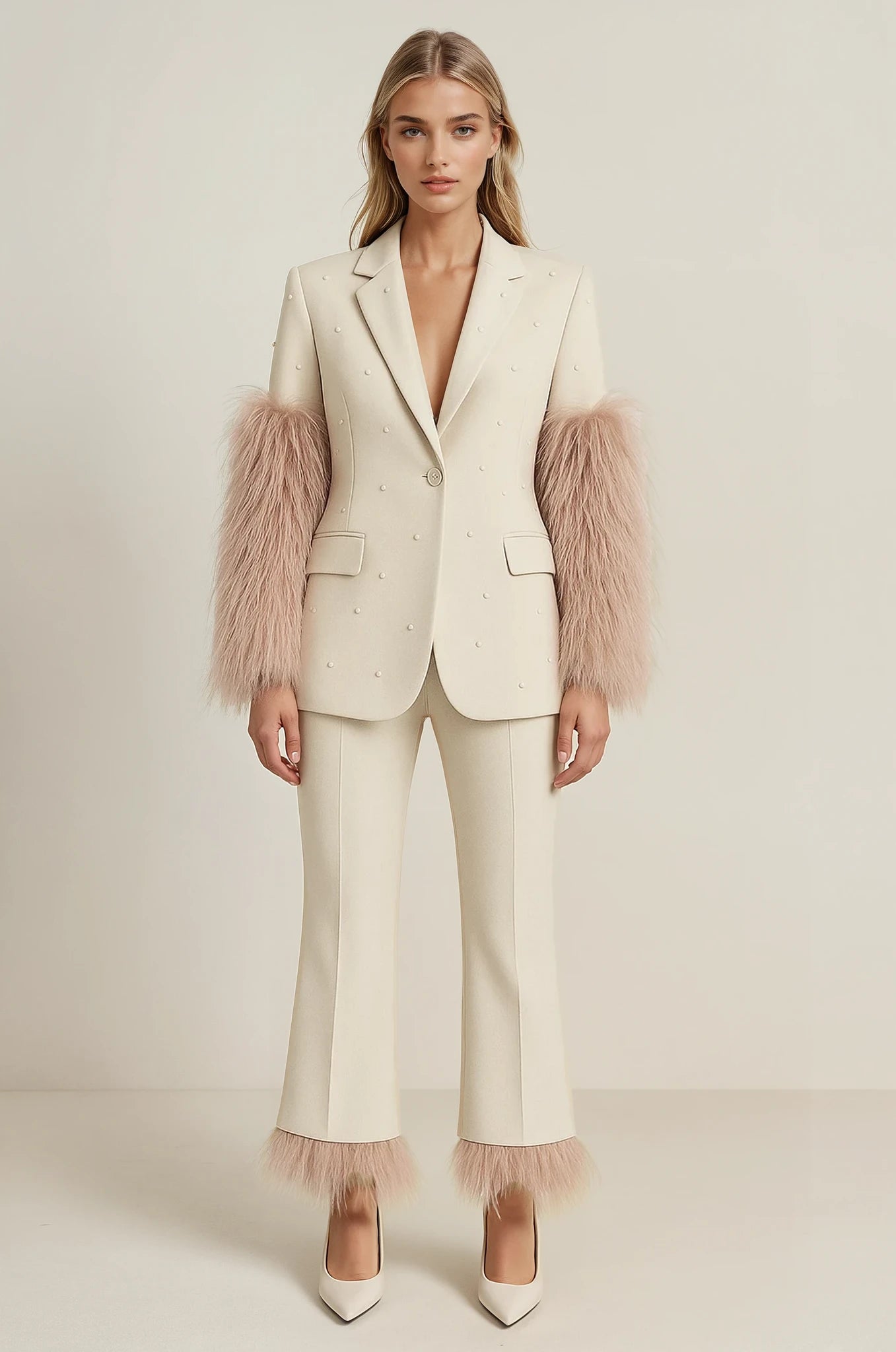 Eternal Elegance Ivory Suit | Women’s Ivory Suit with Pearl Details & Faux Fur Trims | Starlin Cavalin