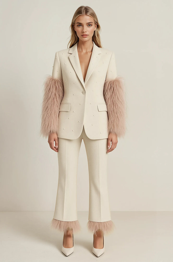 Eternal Elegance Ivory Suit | Women’s Ivory Suit with Pearl Details & Faux Fur Trims | Starlin Cavalin