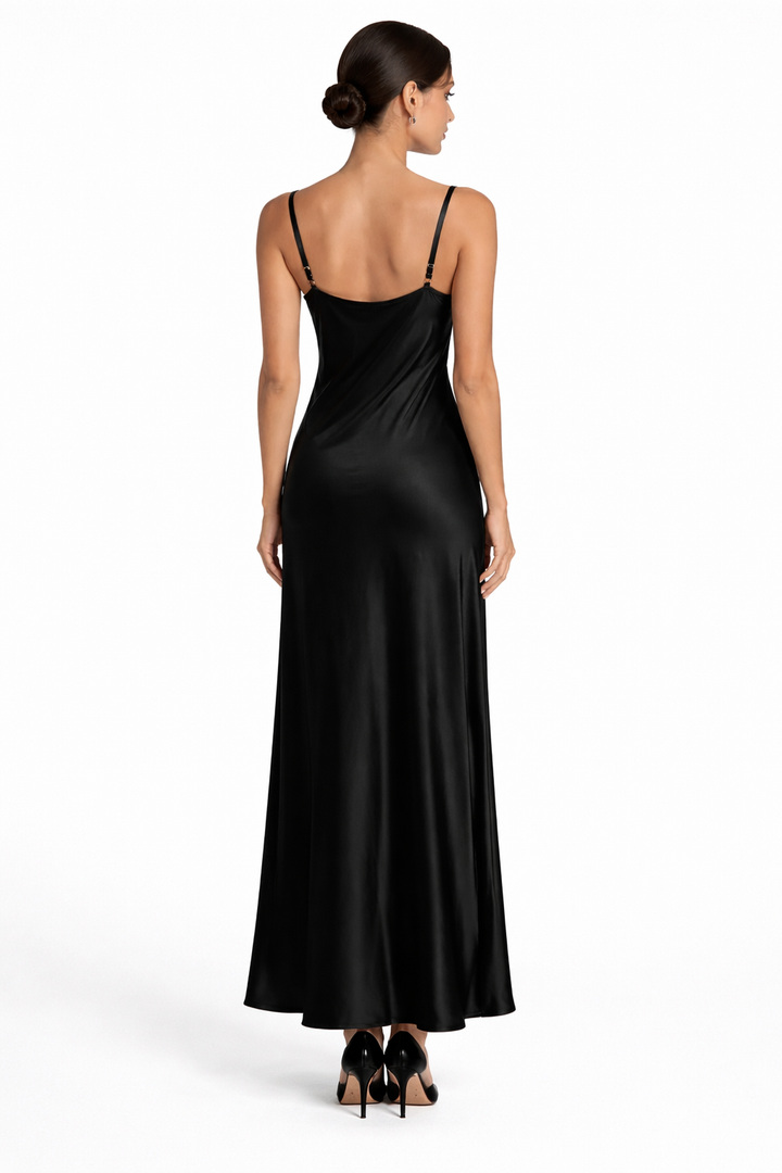 Starlin Cavalin Champagne Allure Maxi Dress Black | Open Back | Adjustable Straps | Flowing Fabric