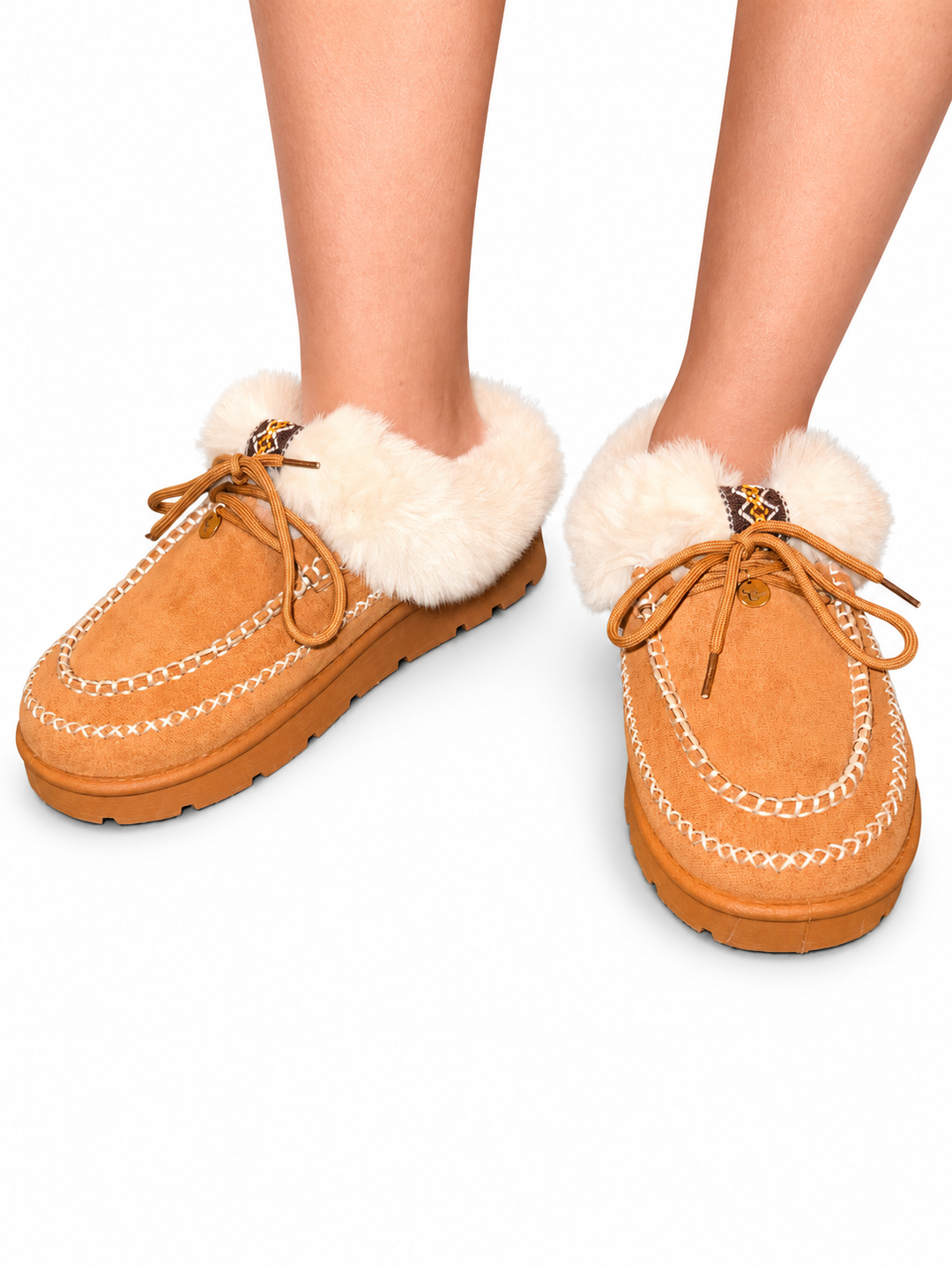 Starlin Cavalin Cozy Luxe Moccasin in Chestnut, worn with cream faux-fur trim, contrast stitching and chunky outsole.