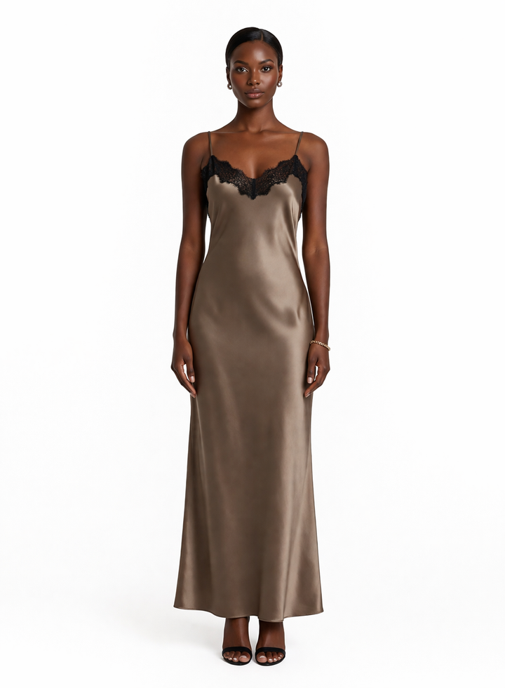 Starlin Cavalin Champagne Allure Maxi Dress Etoupe | Maxi Dress | Soft Drape | Elegant Silhouette