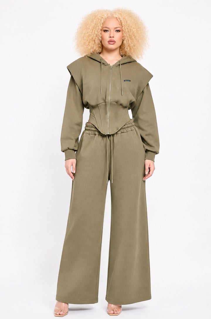 Starlin Cavalin Olive Corset Hoodie Set | Two Piece Set | Wide Leg Trousers | Olive