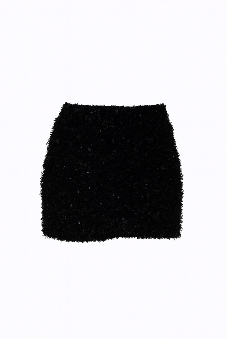 Noir Sparkle Mini Skirt Front View | Black Sparkle Mini Skirt | Starlin Cavalin
