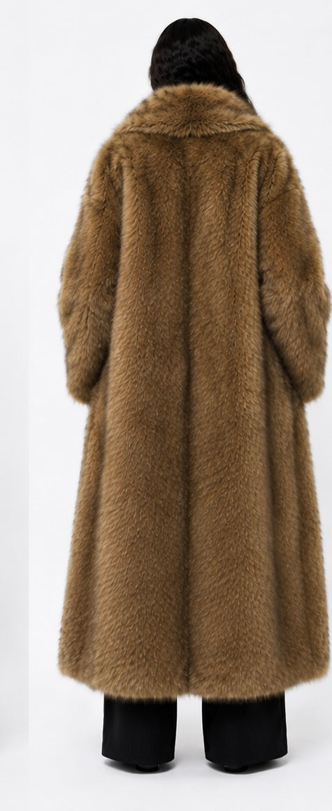 Starlin Cavalin Amara Faux Fur Coat Brown Back View | Long Faux Fur Coat | Oversized Fit | Brown