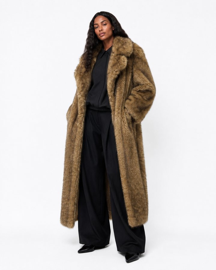Starlin Cavalin Amara Faux Fur Coat Brown | Long Faux Fur Coat | Oversized Fit | Brown
