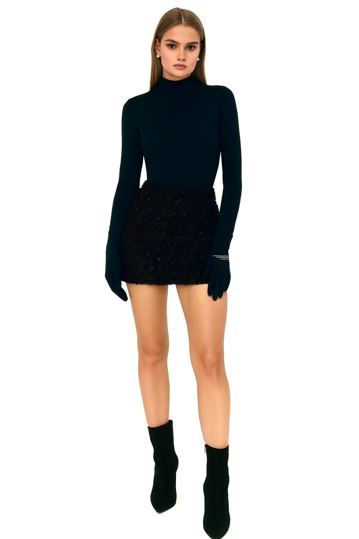 Noir Sparkle Mini Skirt | Black Sparkle Textured Mini Skirt | Starlin Cavalin
