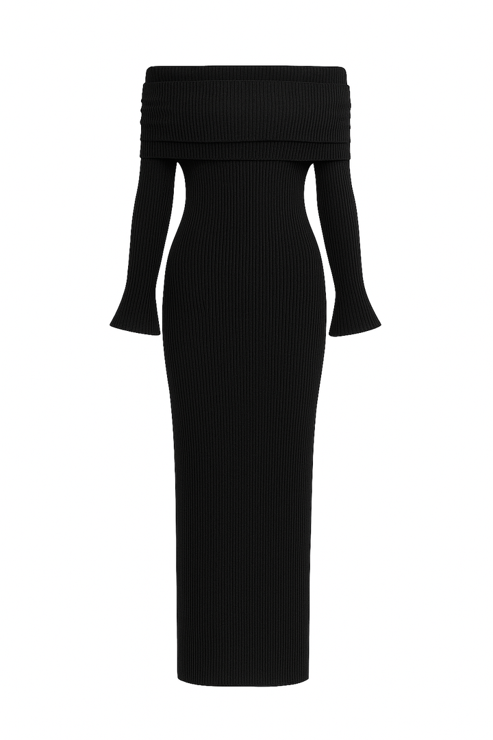 Midnight Allure Off-Shoulder Ribbed Maxi Dress | Women's Black Maxi Dress | Starlin Cavalin
