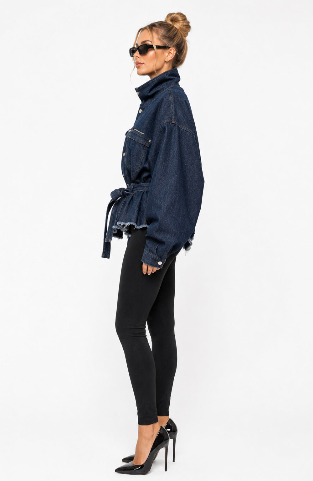 Starlin Cavalin Indigo Oversized Denim Jacket Side View | Dark Blue Denim Jacket | Belted | Oversized Fit