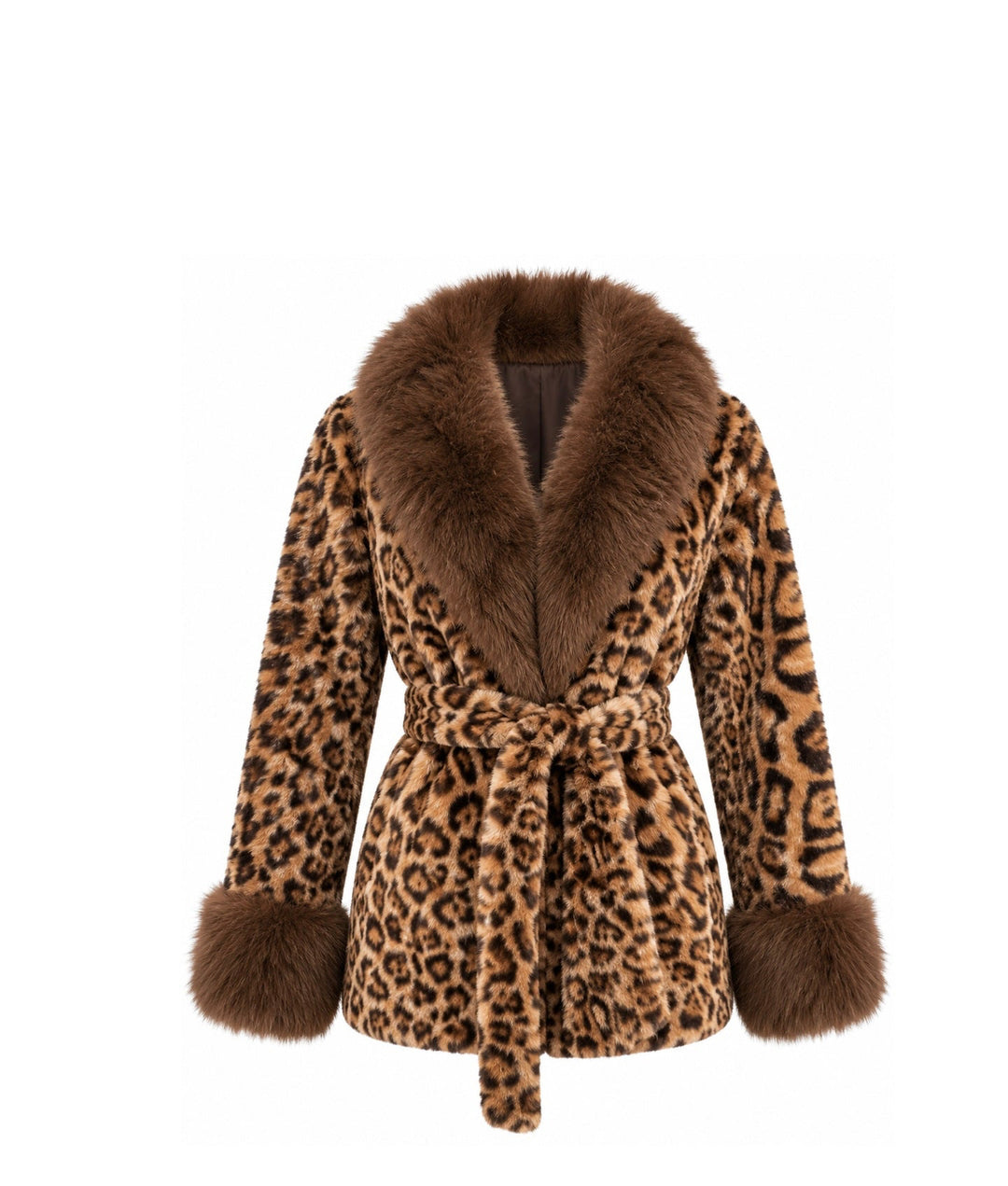 Starlin Cavalin Leopard Faux Fur Coat | Leopard Print Jacket | Dark Brown Faux Fur Collar & Cuffs | Belted Coat | Brown
